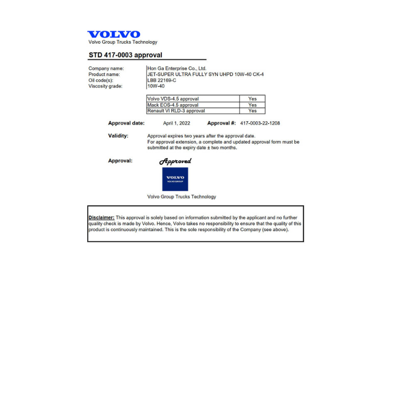 JET-SUPER ULTRA FULLY SYN ENGINE OIL 10W40 CK-4 VOLVO VDS-4.5 MACK EOS-4.5 RENAULT RLD-3 APPROVAL